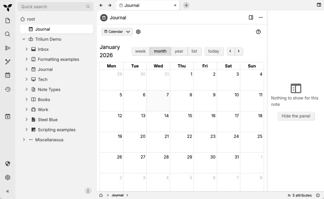 Trilium Notes 新版主界面与日历视图