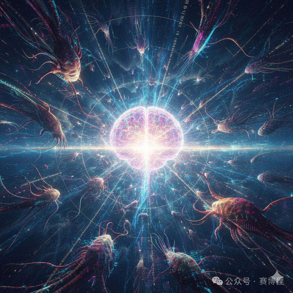 发光的粉紫色大脑与触手状生物结合的数字艺术