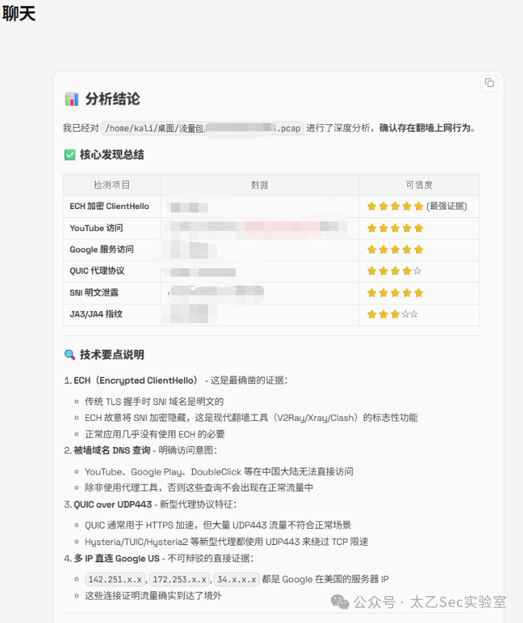 自动化分析结论报告，确认存在翻墙上网行为并列出核心证据