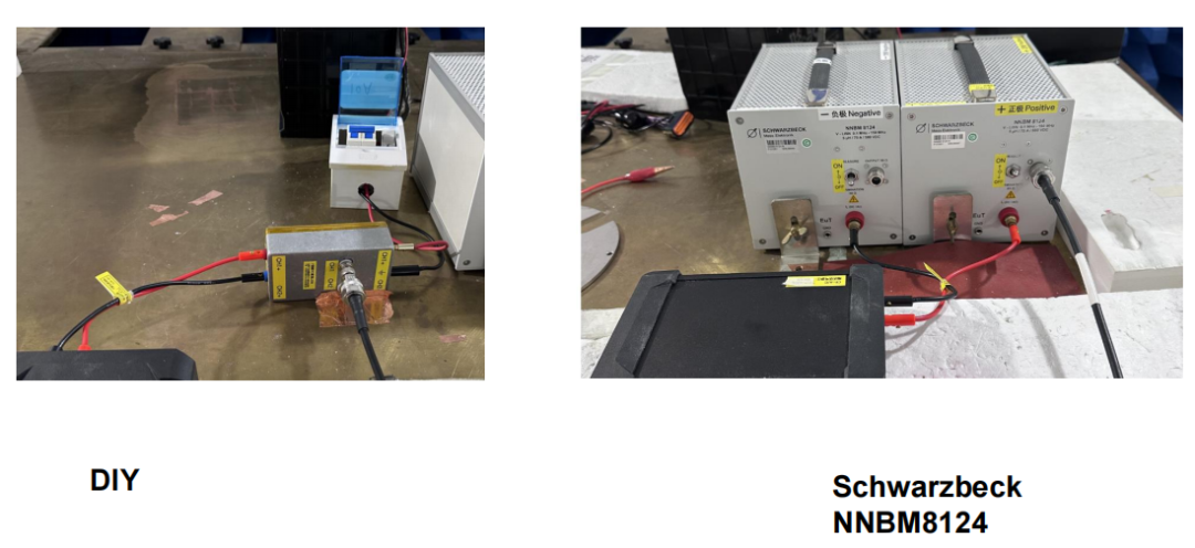 左右对比图，左侧为自制的黄色DIY LISN模块，右侧为Schwarzbeck NNBM8124商用仪器