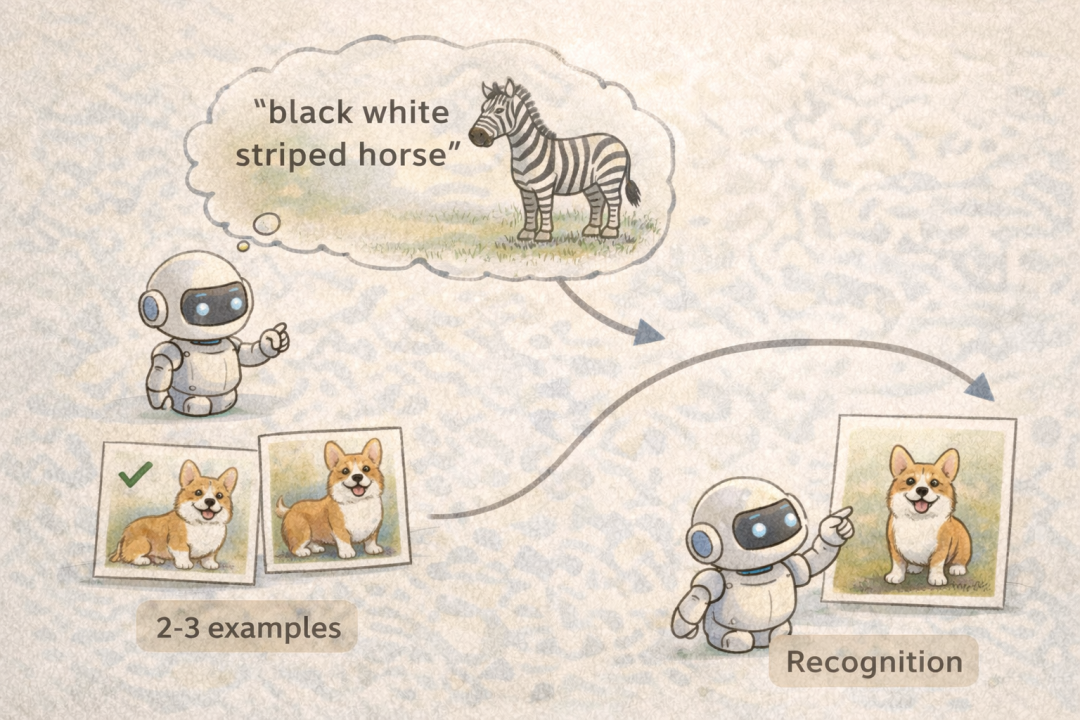 机器人通过少量示例学习识别柯基犬的过程示意图