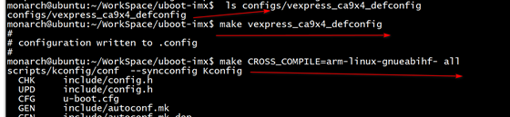 Ubuntu 终端显示 vexpress_ca9x4_defconfig 配置文件及 U-Boot 编译命令