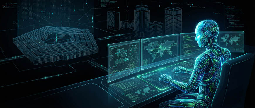 一名蓝绿色发光的机器人坐在办公椅上,面向多块悬浮的透明显示屏,正在操作键盘