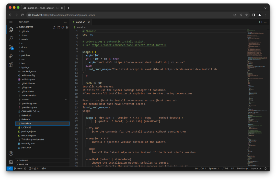 code-server 浏览器界面：文件资源管理器与 install.sh 安装脚本编辑