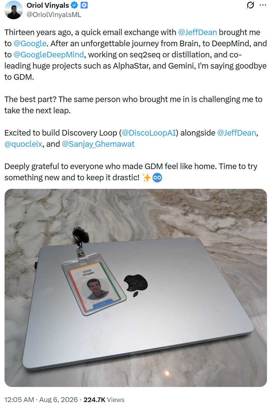 Oriol Vinyals 告别 Google DeepMind 并加入 Discovery Loop