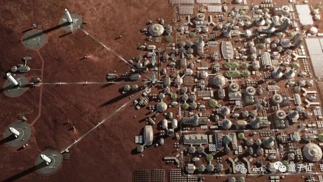 成规模的未来火星城市概念图,有密集的建筑群和绿化