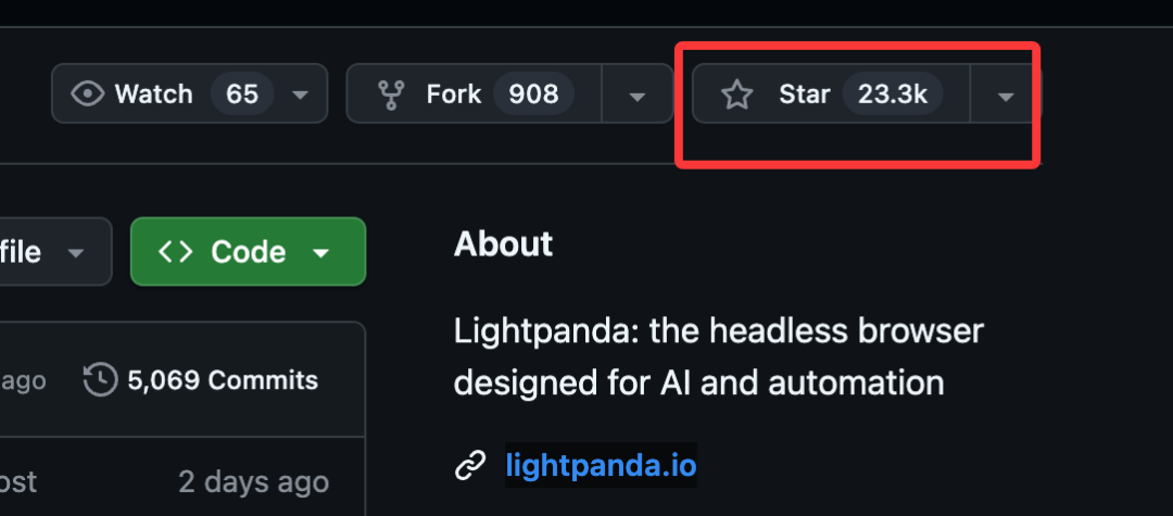 Lightpanda GitHub项目页面，Star数23.3k