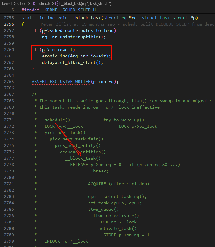 __block_task 函数中更新 nr_iowait 的代码