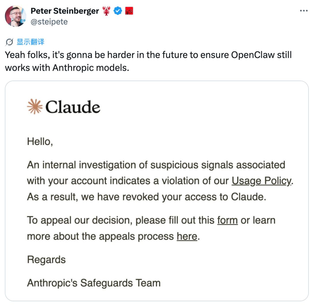 OpenClaw 创始人 Peter Steinberger 在社交平台分享的账户被封通知邮件截图