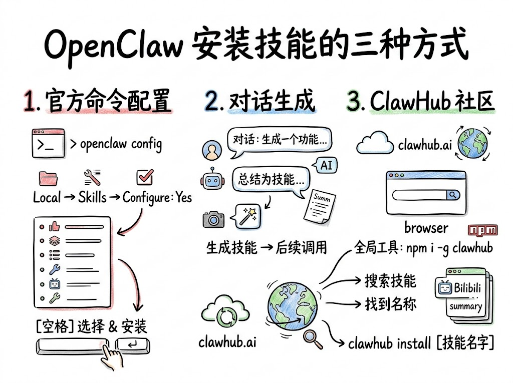 OpenClaw技能安装的三种方式示意图