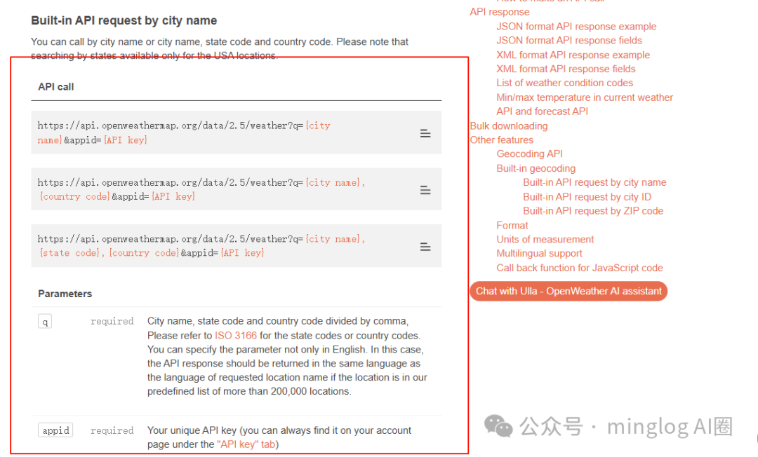 API文档截图，展示通过城市名查询天气的多种请求URL格式