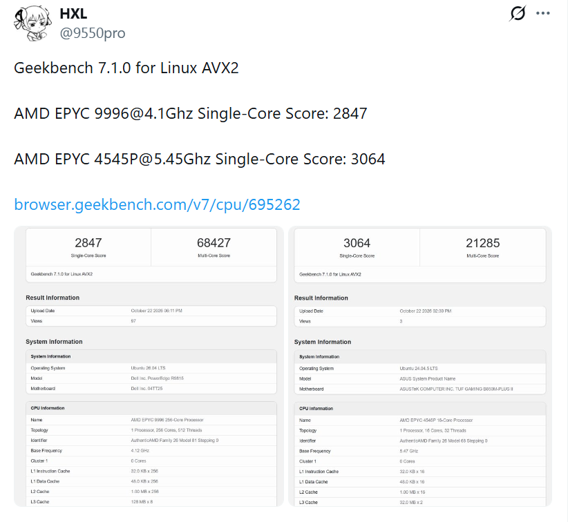 GeekBench 7.1.0 Linux AVX2 跑分截图：EPYC 9996 与 EPYC 4545P 详细参数对比
