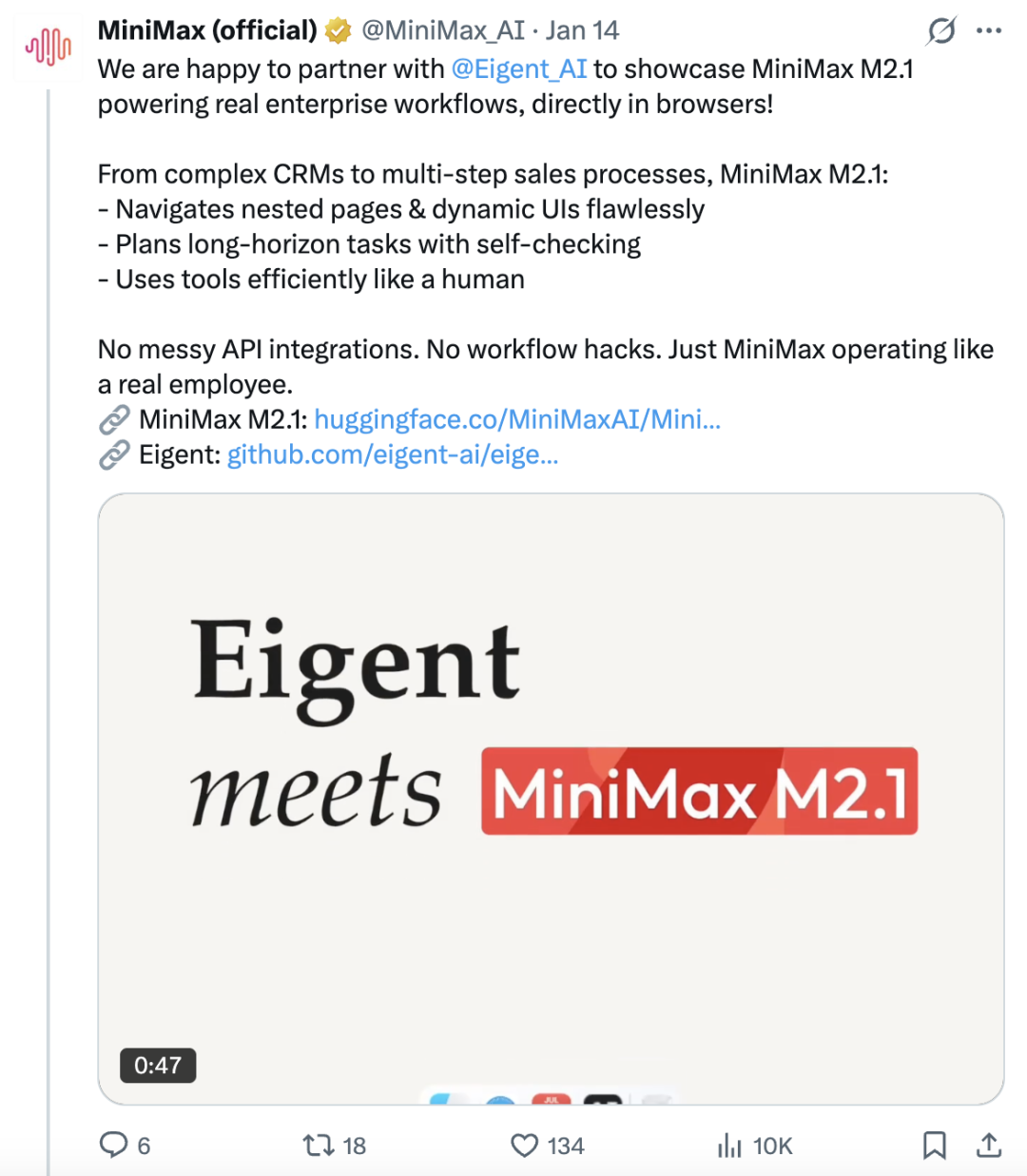 MiniMax官方合作推文，展示Eigent与M2.1模型的结合