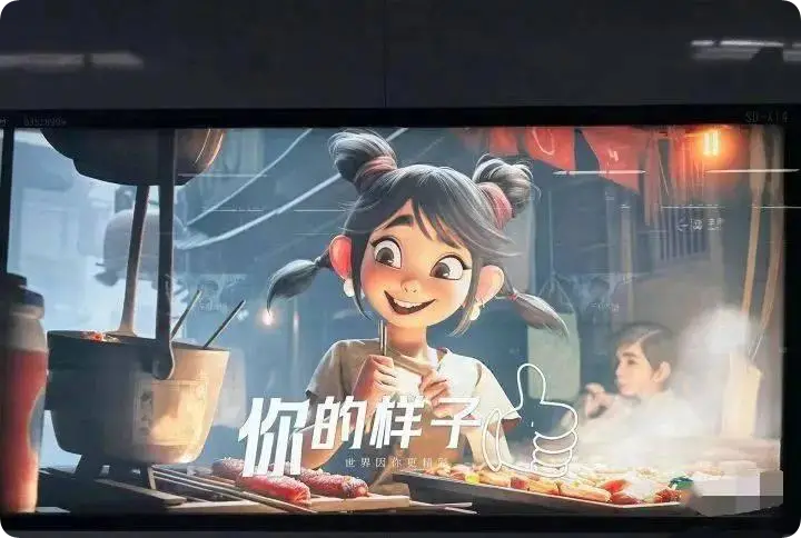 3D动画风格的双丸子头小女孩在夜市小吃摊前展示AI生成的“你的样子”广告画面