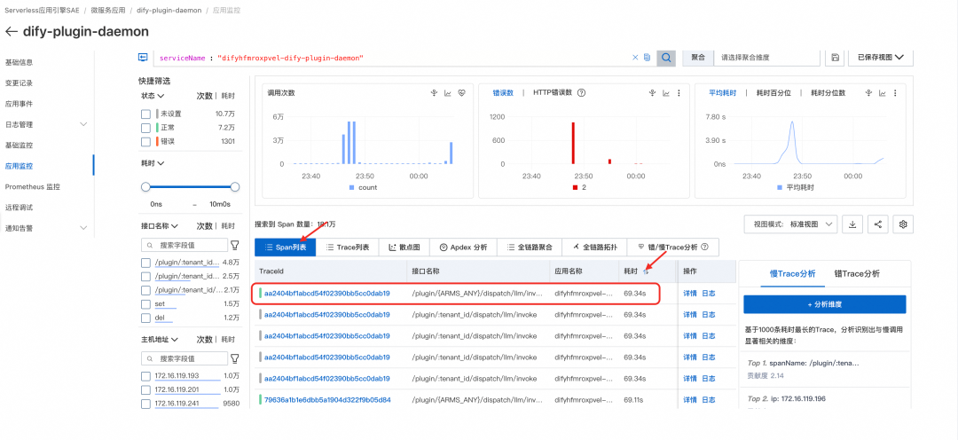 SAE应用监控链路追踪界面