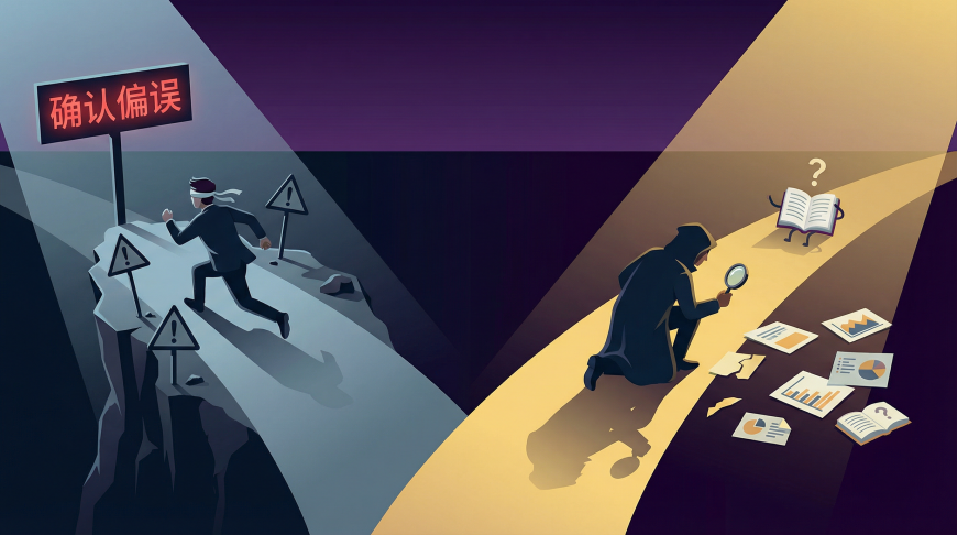 确认偏误与理性探究对比插画
