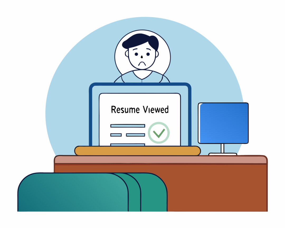 表情忧愁的求职者看着简历已读通知的卡通插画