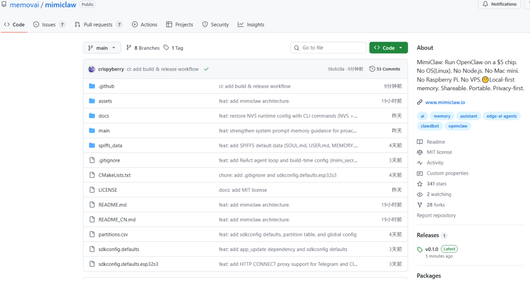 MimiClaw GitHub 仓库主页截图