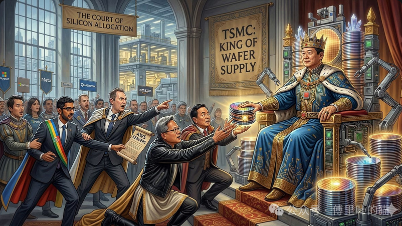 AI芯片供应链争夺讽刺插画:台积电坐镇硅分配法庭