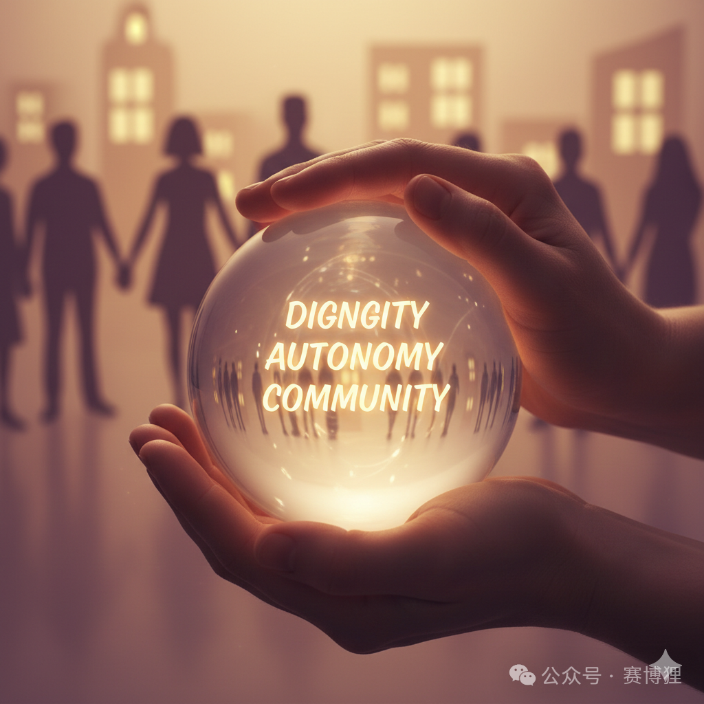 双手捧著有“尊严、自主、社群”字样的发光水晶球