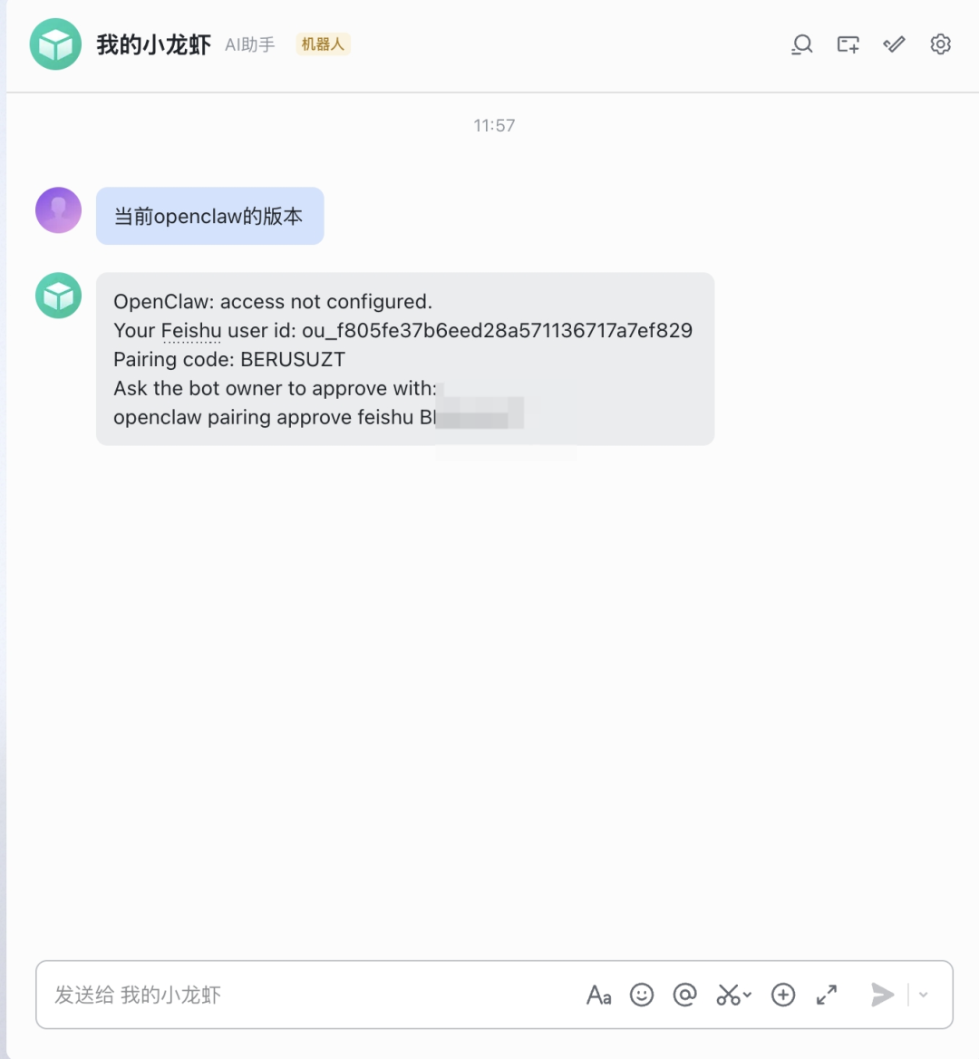 飞书聊天界面，机器人回复配对请求和配对码