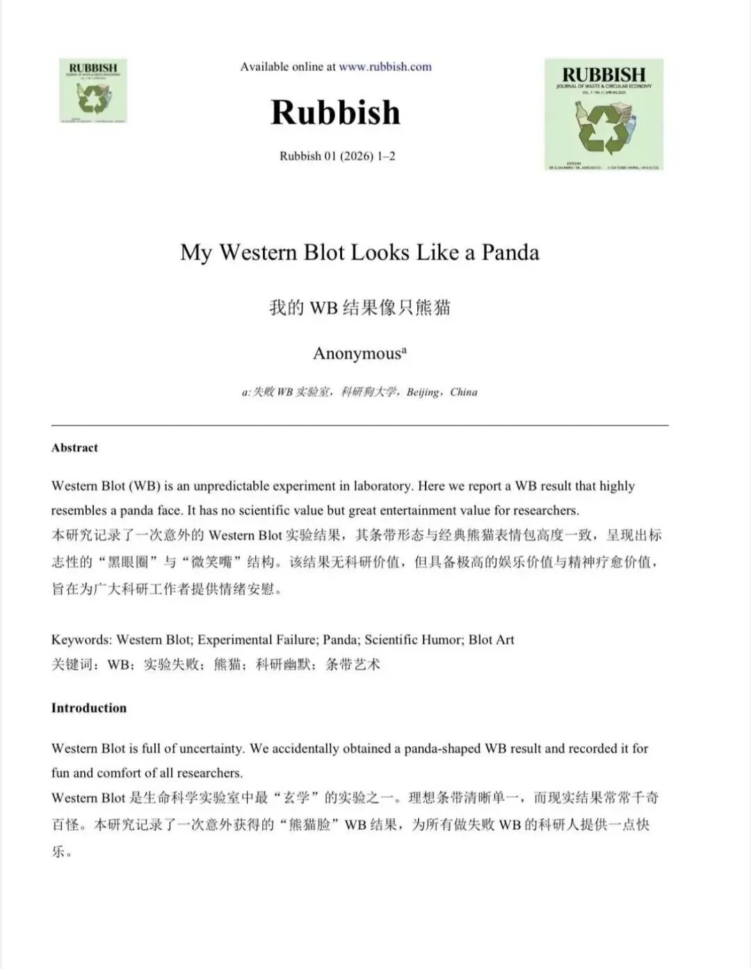 Rubbish期刊论文封面:My Western Blot Looks Like a Panda 我的 WB 结果像只熊猫