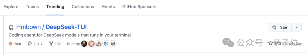 GitHub Trending 页面截图，高亮显示 DeepSeek-TUI 项目，展示其 Rust 标签与当天增长的星标数