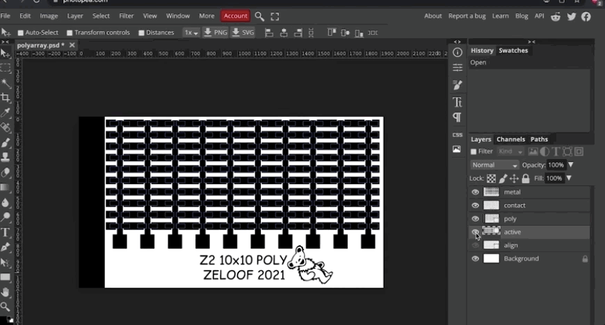 在Photopea中设计的10x10晶体管阵列布局图