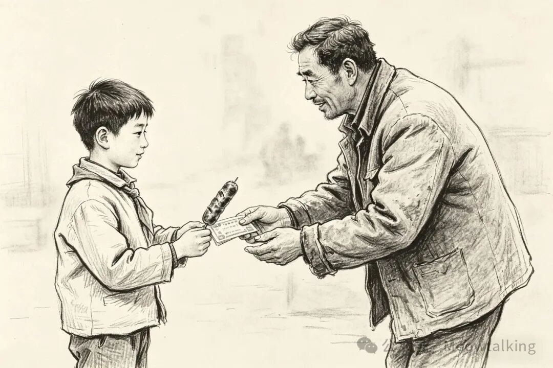 年长卖烤肠者将烤肠递给一个小男孩