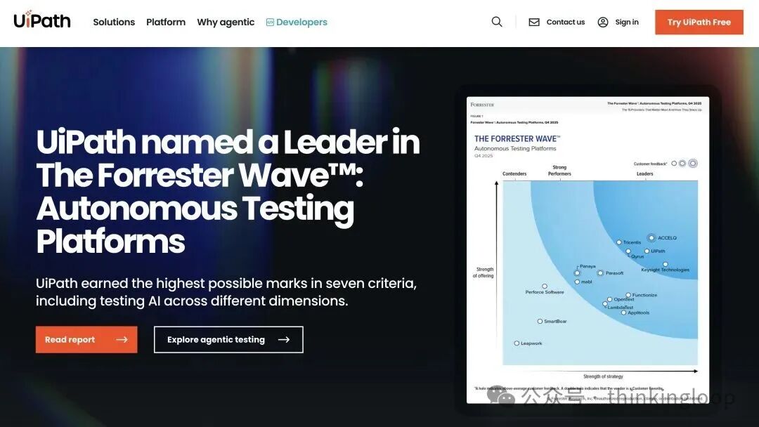 UiPath被评为自主测试平台领导者象限图