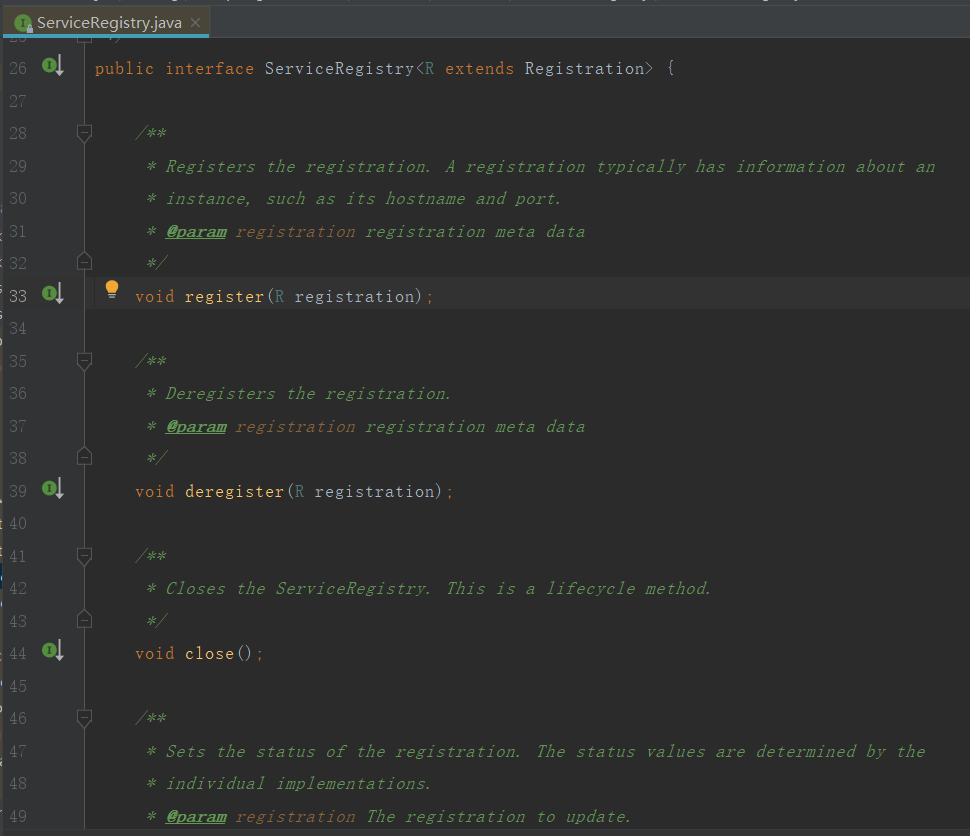 ServiceRegistry接口定义，包含register、deregister、close等方法