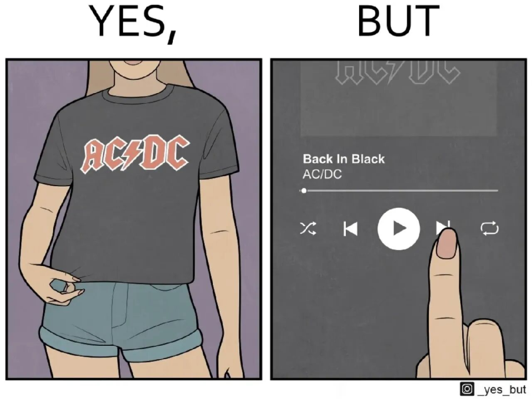 身穿摇滚乐队T恤与切歌行为的对比漫画