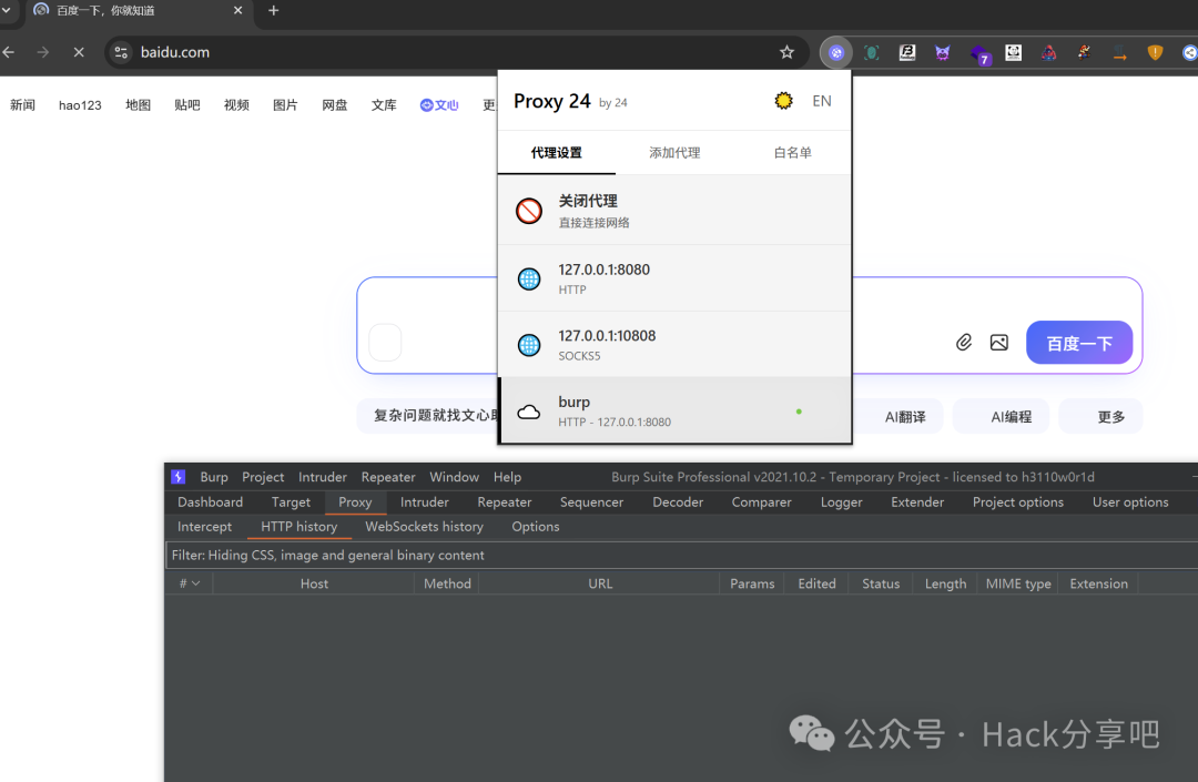 Proxy24测试白名单时浏览器与Burp Suite界面