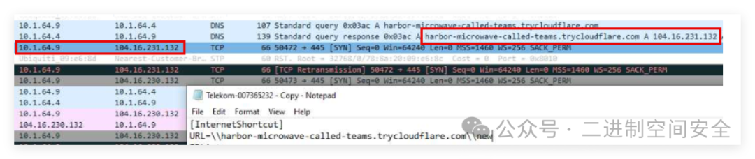 Wireshark捕获的DNS查询与TCP连接尝试数据包