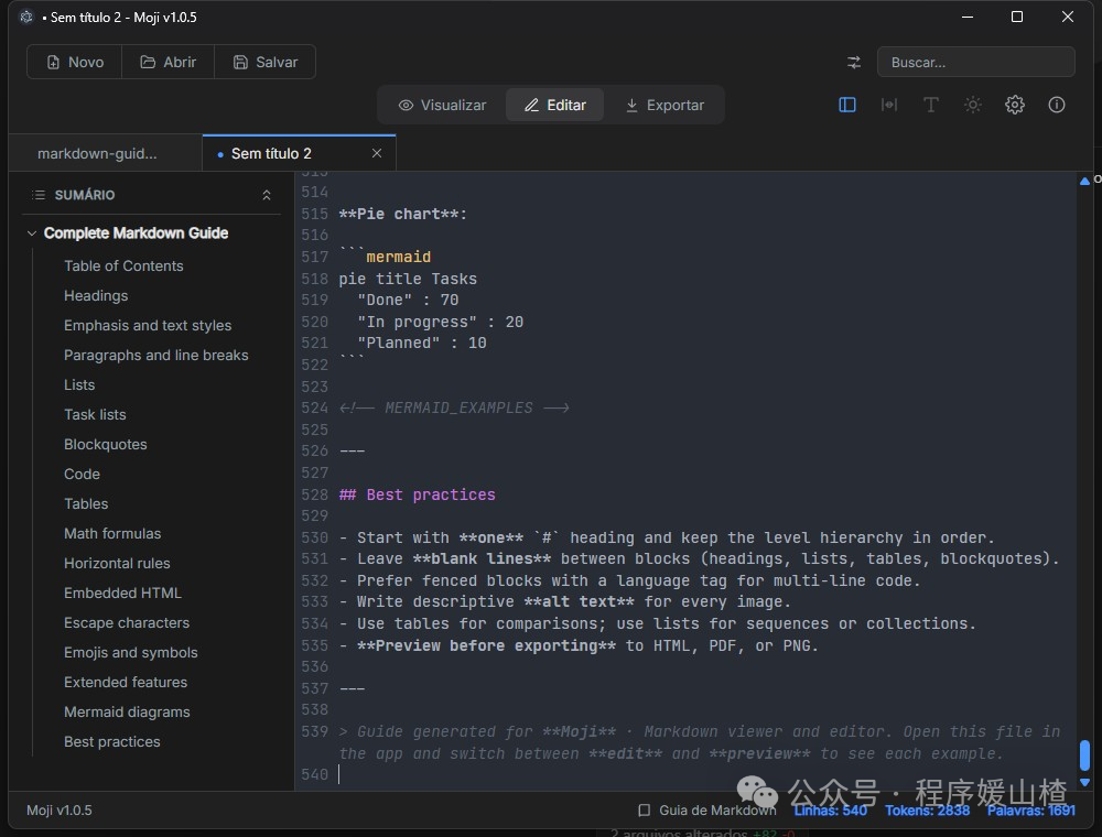 Moji v1.0.5 编辑器界面:Markdown 目录树与 Mermaid 饼图示例源码