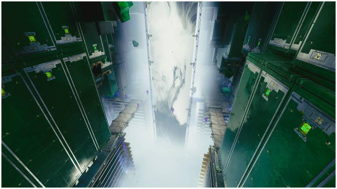 俯视科幻室内场景，中央充满白色烟雾能量场