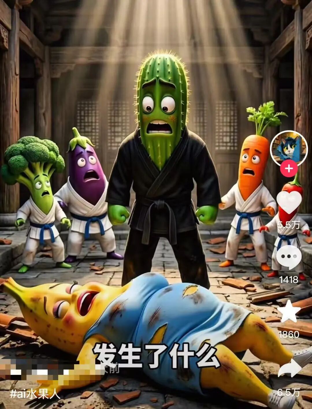 水果角色在道场发生冲突的动画场景