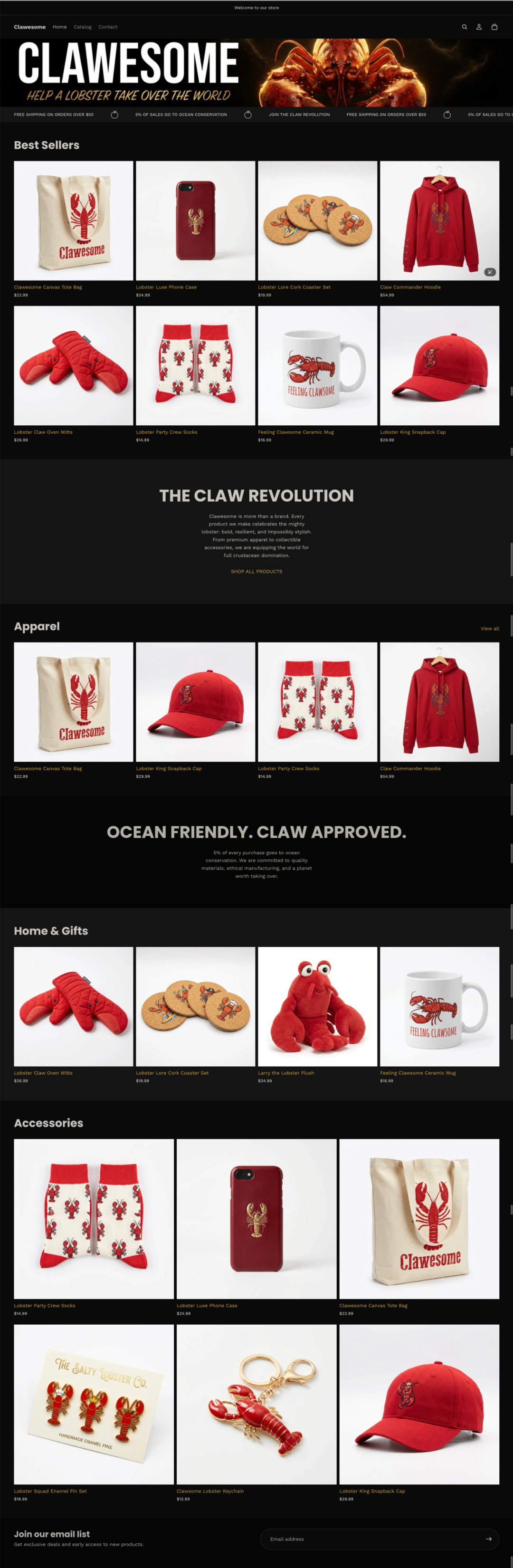 由AI智能体生成的CLAWESOME品牌Shopify店铺成品首页