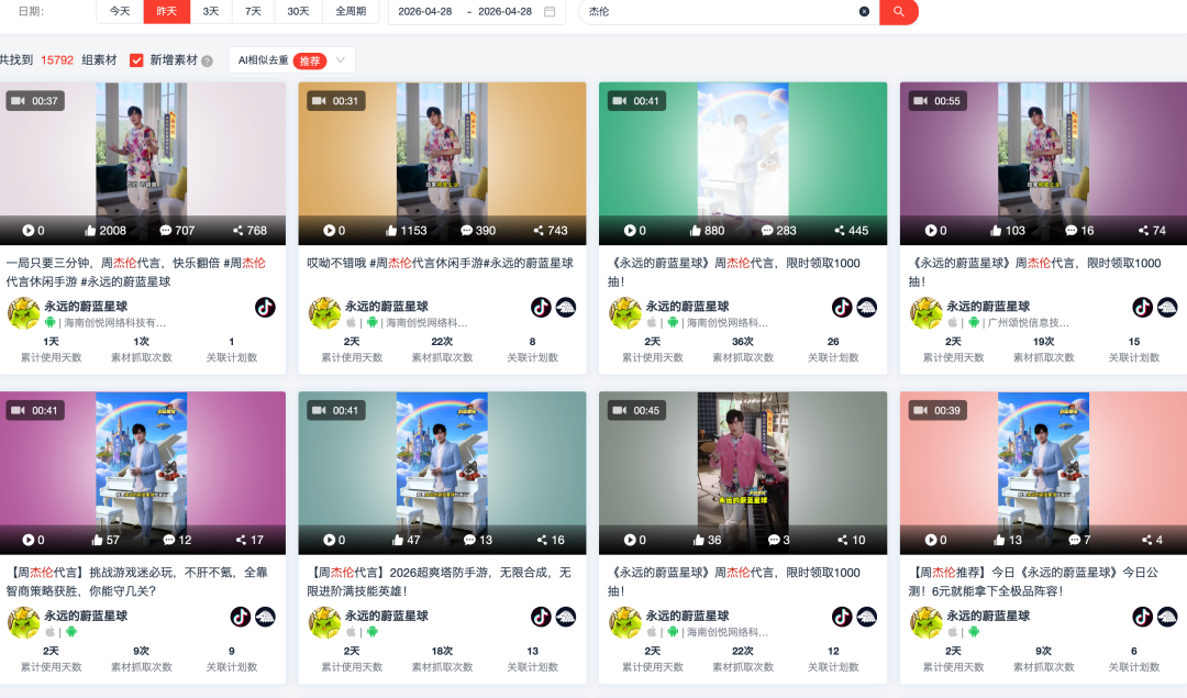 素材搜索页展示，当天搜“杰伦”关键词检出超1.5万组相关投放视频