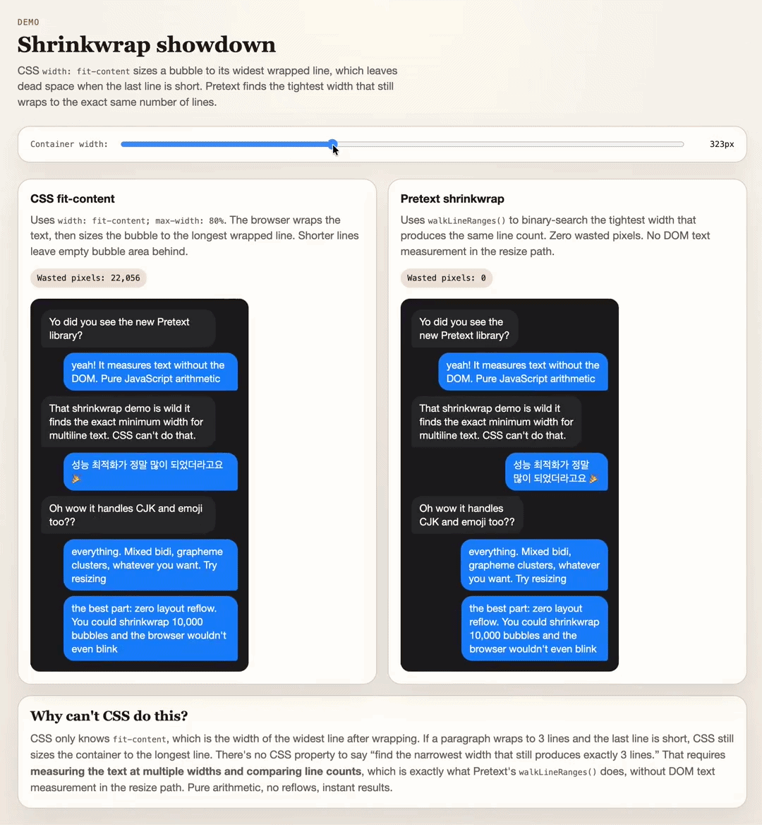Pretext 与 CSS fit-content 的对比演示图，展示像素利用率差异
