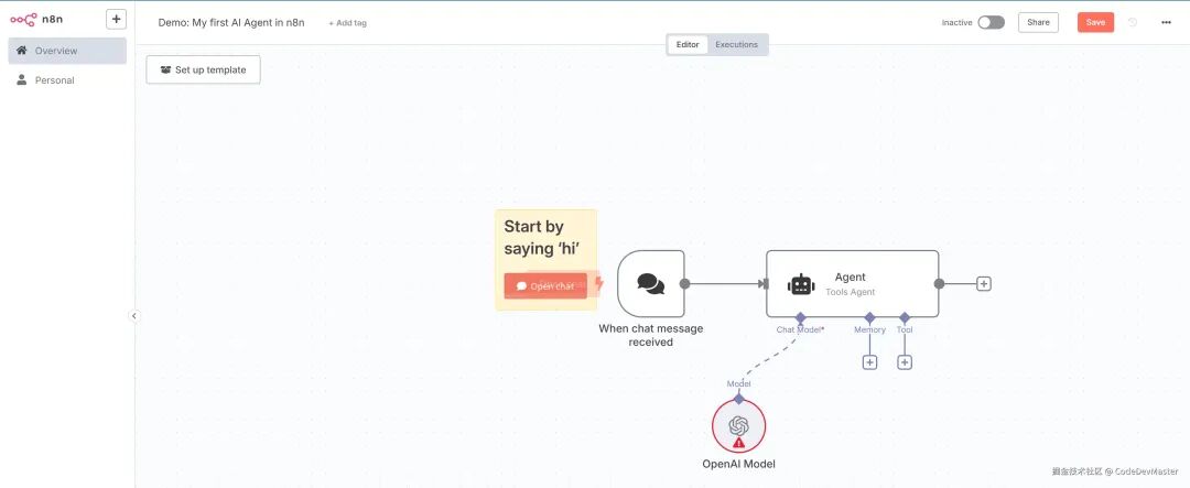 n8n AI Agent示例工作流界面
