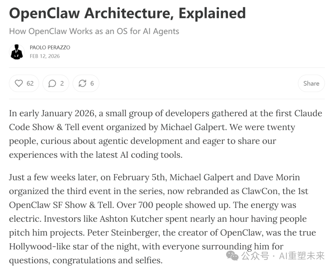 一篇关于OpenClaw架构解释的英文文章截图,标题为“OpenClaw Architecture, Explained”