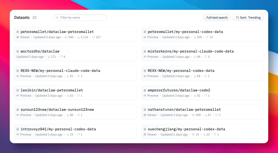 Hugging Face上带dataclaw标签的数据集列表