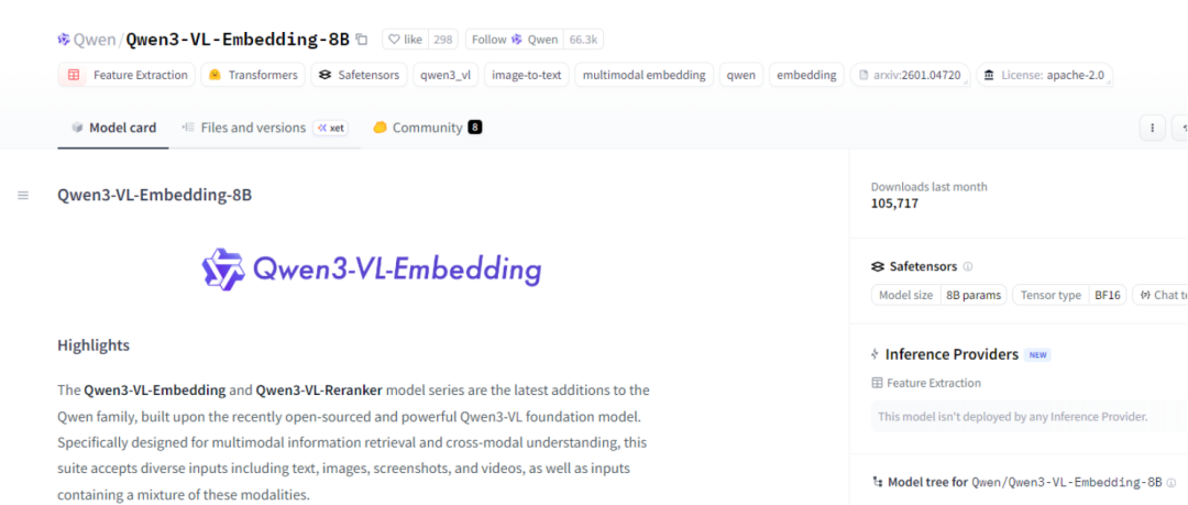 Qwen3-VL-Embedding-8B模型HuggingFace页面截图