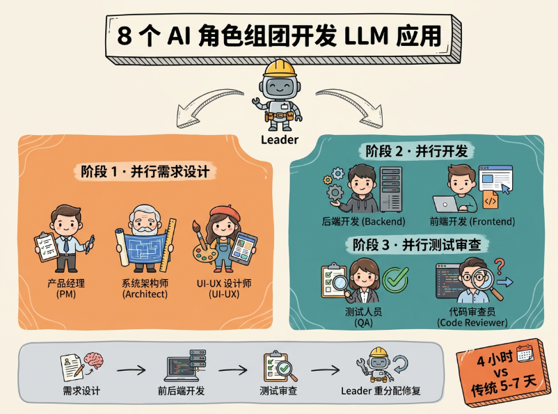 8个AI角色协作开发LLM应用的流程图