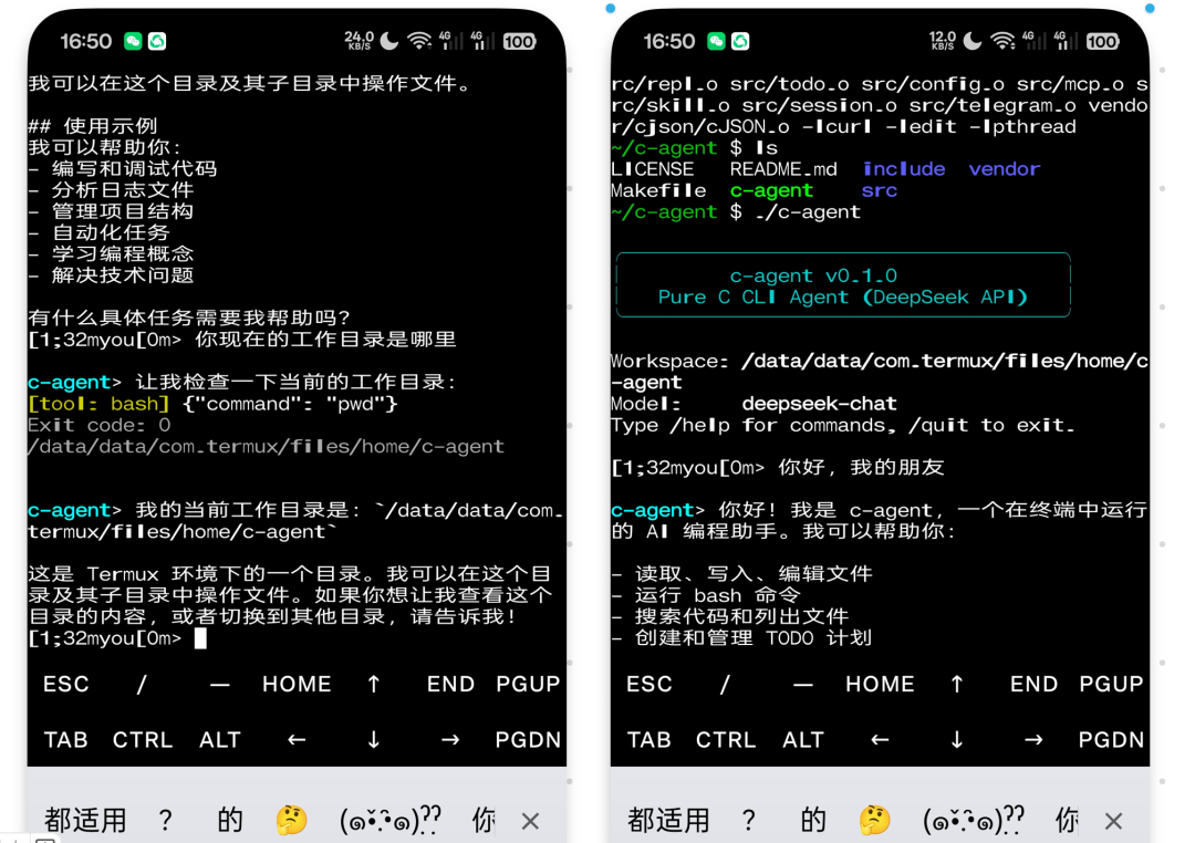 c-agent在Termux中的交互界面截图，展示对话与功能列表