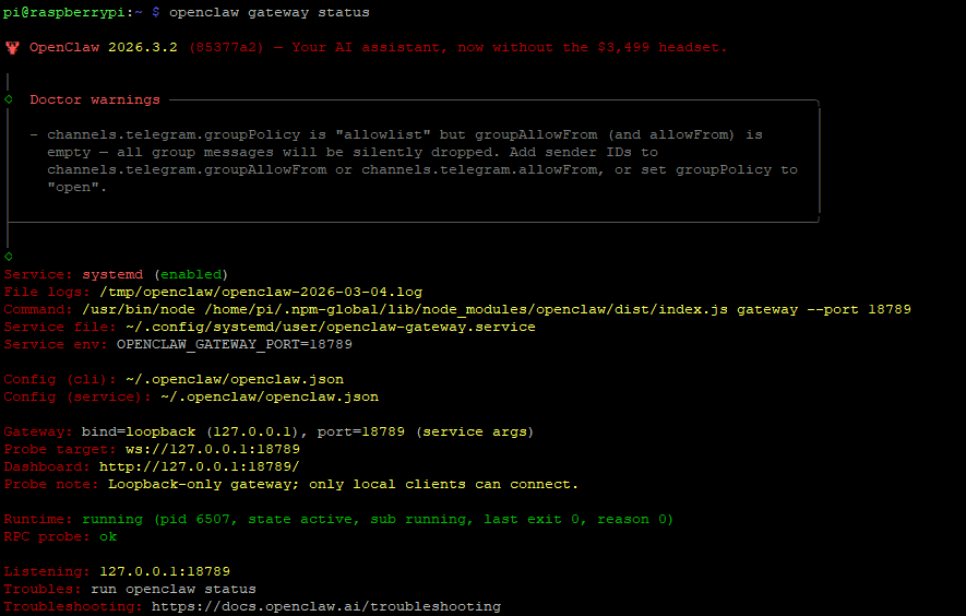 OpenClaw 网关状态检查终端输出