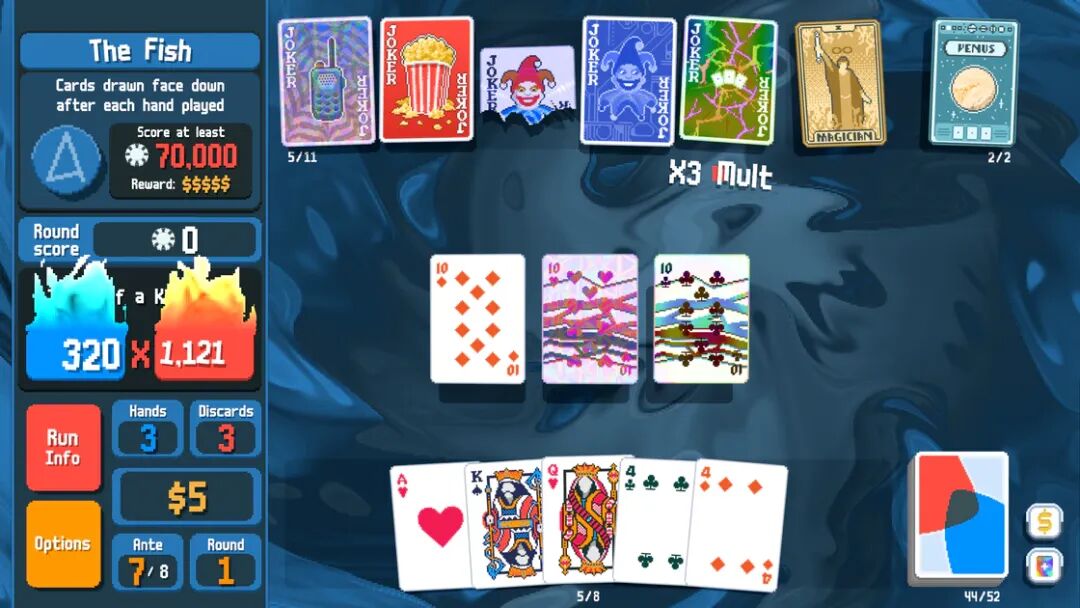 Balatro游戏中期界面,展示多张小丑牌与复杂分数