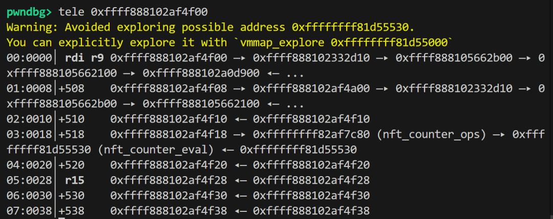 通过 tele 命令读取内存泄露出的 nft_counter_ops 指针
