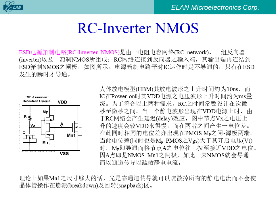 RC-Inverter NMOS ESD电源钳位电路原理与波形解释